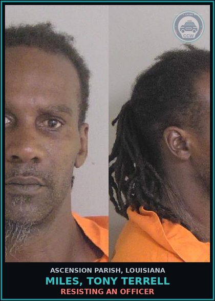 CCW arrest card for Miles, Tony Terrell in Ascension Parish: Bicycles; front lamps; rear lamps; side and rear reflectors