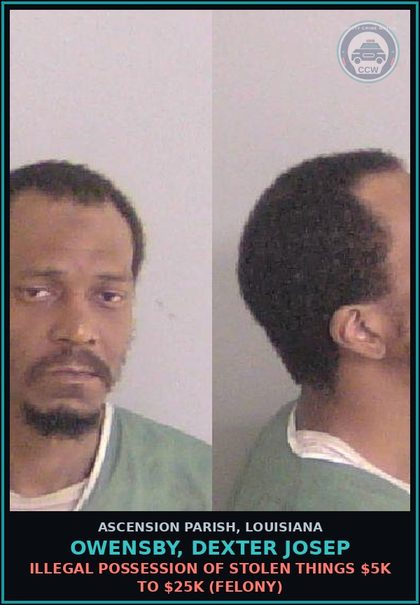 CCW arrest card for Owensby, Dexter Josep in Ascension Parish: Simple Criminal Damage to Property $1k to $50k (Felony) (2 counts)