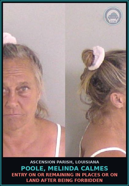 CCW arrest card for Poole, Melinda Calmes in Ascension Parish: Entry on or Remaining in Places or on Land after being Forbidden
