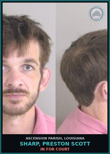 CCW arrest card for Sharp, Preston Scott in Ascension Parish: In For Court