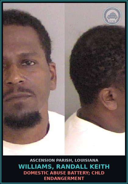 CCW arrest card for Williams, Randall Keith in Ascension Parish: Domestic Abuse Battery; chld Endangerment