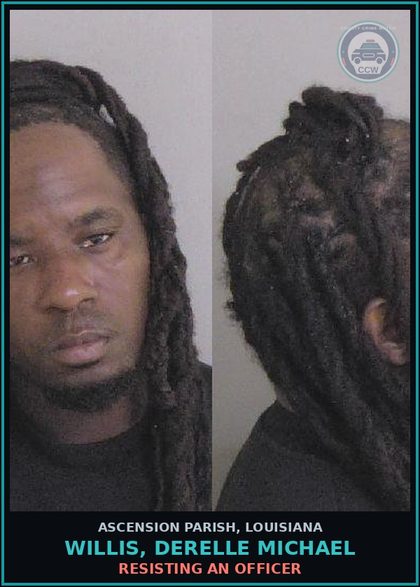 CCW arrest card for Willis, Derelle Michael in Ascension Parish: Proper Equipment Required on Vehicles; display of plate
