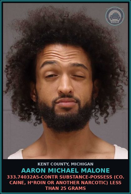 CCW arrest card for Aaron Michael Malone in Kent County: 333.74032A5-contr substance-POSSESS (COCAINE, HEROIN OR ANOTHER NARCOTIC) LESS THAN 25 GRAMS