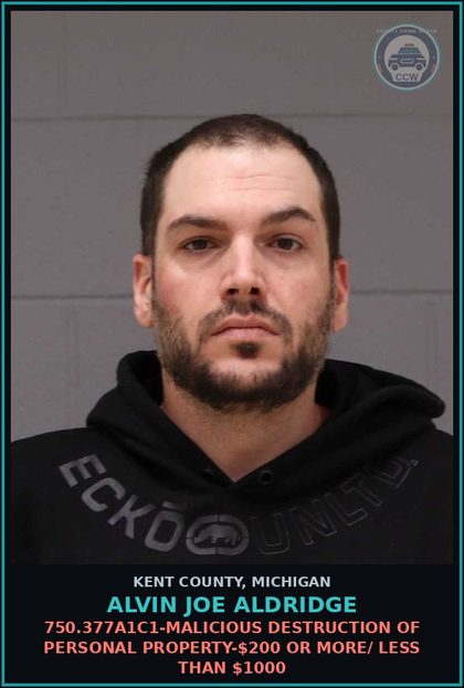 CCW arrest card for Alvin Joe Aldridge in Kent County: 750.377A1C1-MALICIOUS DESTRUCTION OF PERSONAL PROPERTY-$200 OR MORE/ LESS THAN $1000