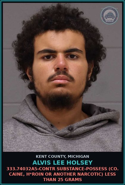 CCW arrest card for Alvis Lee Holsey in Kent County: 333.74032A5-contr substance-POSSESS (COCAINE, HEROIN OR ANOTHER NARCOTIC) LESS THAN 25 GRAMS