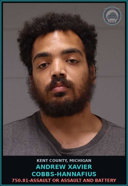 CCW arrest card for Andrew Xavier Cobbs-Hannafius in Kent County: 750.81-ASSAULT OR ASSAULT AND BATTERY