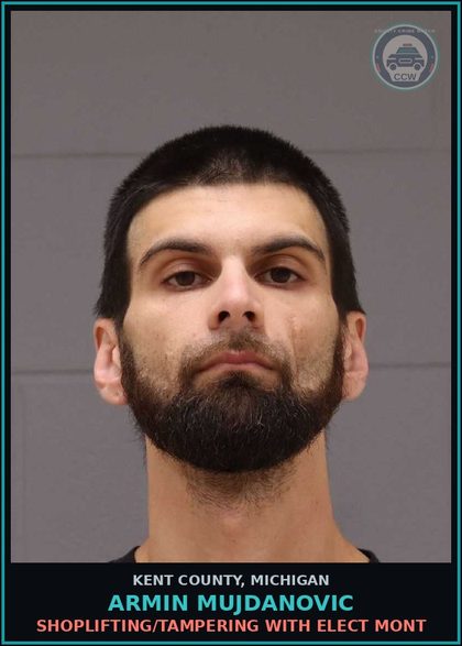 CCW arrest card for Armin Mujdanovic in Kent County: SHOPLIFTING/TAMPERING WITH ELECT MONT