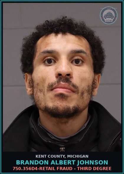 CCW arrest card for Brandon Albert Johnson in Kent County: 750.356D4-RETAIL FRAUD - THIRD DEGREE