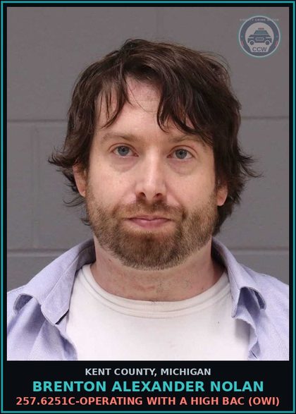 CCW arrest card for Brenton Alexander Nolan in Kent County: 257.6251C-OPERATING WITH A HIGH BAC (OWI)