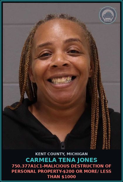 CCW arrest card for Carmela Tena Jones in Kent County: 750.377A1C1-MALICIOUS DESTRUCTION OF PERSONAL PROPERTY-$200 OR MORE/ LESS THAN $1000