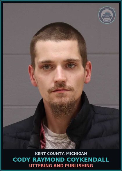 CCW arrest card for Cody Raymond Coykendall in Kent County: UTTERING AND PUBLISHING