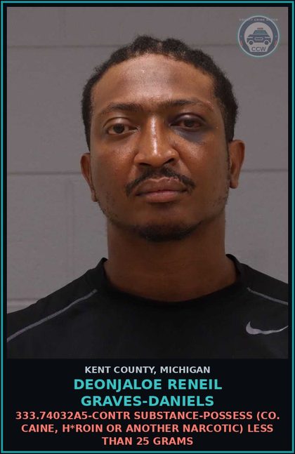 CCW arrest card for Deonjaloe Reneil Graves-Daniels in Kent County: 333.74032A5-contr substance-POSSESS (COCAINE, HEROIN OR ANOTHER NARCOTIC) LESS THAN 25 GRAMS
