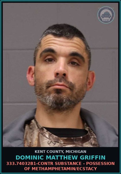 CCW arrest card for Dominic Matthew Griffin in Kent County: 333.74032B1-contr substance - POSSESSION OF METHAMPHETAMIN/ECSTACY