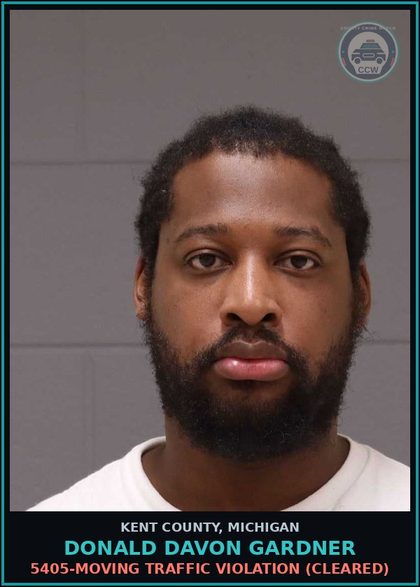 CCW arrest card for Donald Davon Gardner in Kent County: 5405-MOVING TRAFFIC VIOLATION (Cleared)