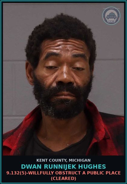 CCW arrest card for Dwan Runnijek Hughes in Kent County: 9.132(5)-WILLFULLY OBSTRUCT A PUBLIC PLACE (Cleared)