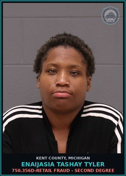 CCW arrest card for Enaijasia Tashay Tyler in Kent County: 750.356D-RETAIL FRAUD - SECOND DEGREE