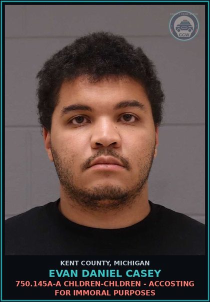 CCW arrest card for Evan Daniel Casey in Kent County: 750.145A-A CHILDREN-CHILDREN - ACCOSTING FOR IMMORAL PURPOSES