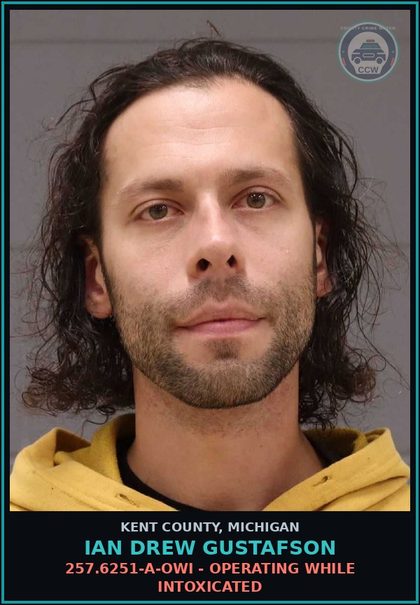 CCW arrest card for Ian Drew Gustafson in Kent County: 257.6251-A-OWI - OPERATING WHILE INTOXICATED