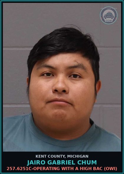 CCW arrest card for Jairo Gabriel Chum in Kent County: 257.6251C-OPERATING WITH A HIGH BAC (OWI)