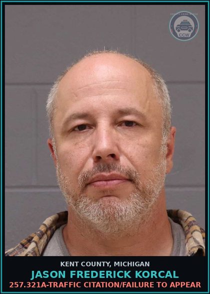 CCW arrest card for Jason Frederick Korcal in Kent County: 257.321A-TRAFFIC CITATION/FAILURE TO APPEAR