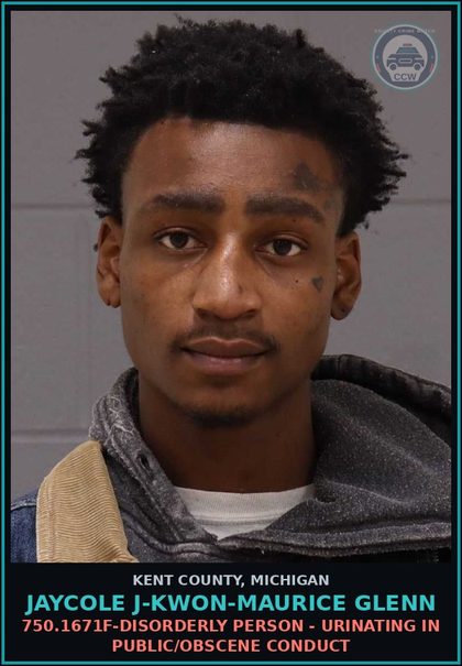 CCW arrest card for Jaycole J-Kwon-Maurice Glenn in Kent County: 750.1671F-DISORDERLY PERSON - URINATING IN PUBLIC/OBSCENE CONDUCT