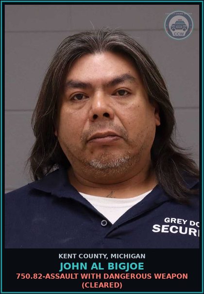 CCW arrest card for John Al Bigjoe in Kent County: 750.82-ASSAULT WITH DANGEROUS WEAPON (Cleared)