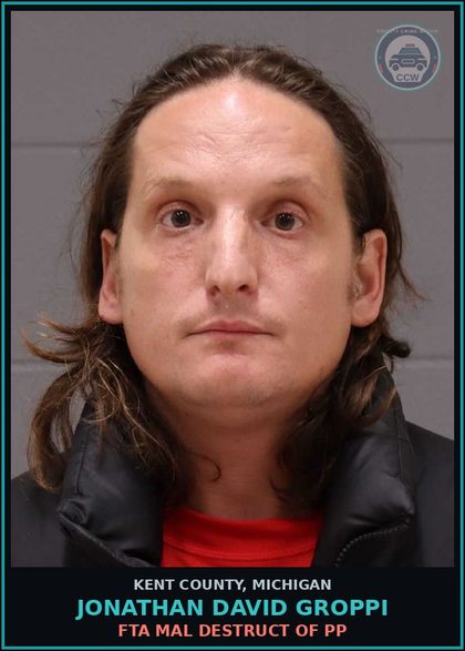 CCW arrest card for Jonathan David Groppi in Kent County: FTA MAL DESTRUCT OF PP