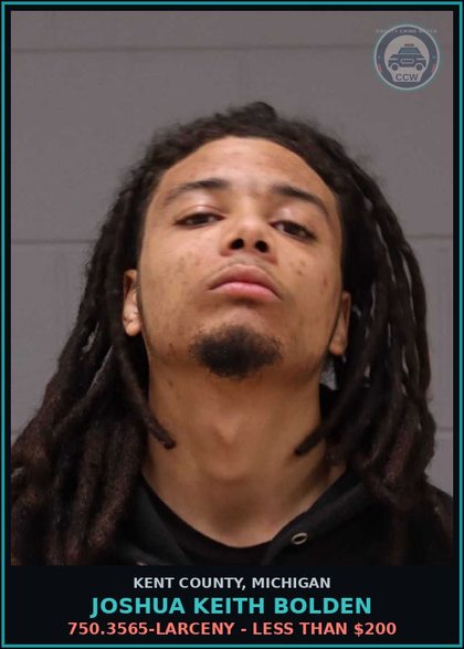 CCW arrest card for Joshua Keith Bolden in Kent County: 750.3565-LARCENY - LESS THAN $200
