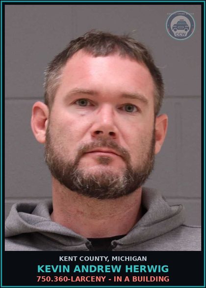 CCW arrest card for Kevin Andrew Herwig in Kent County: 750.360-LARCENY - IN A BUILDING