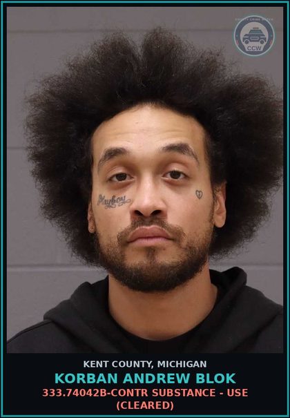 CCW arrest card for Korban Andrew Blok in Kent County: 333.74042B-contr substance - USE (Cleared)