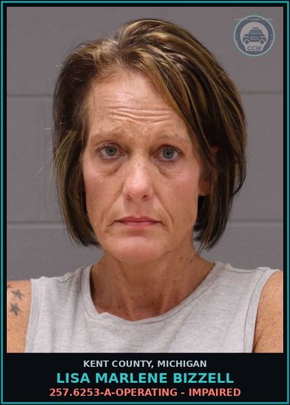 CCW arrest card for Lisa Marlene Bizzell in Kent County: 257.6253-A-OPERATING - IMPAIRED
