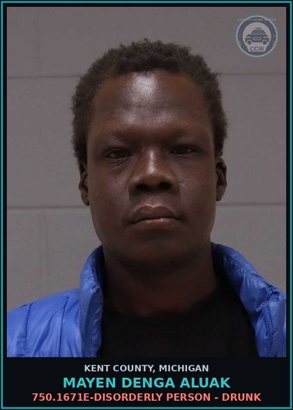 CCW arrest card for Mayen Denga Aluak in Kent County: 750.1671E-DISORDERLY PERSON - DRUNK