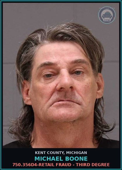 CCW arrest card for Michael Boone in Kent County: 750.356D4-RETAIL FRAUD - THIRD DEGREE