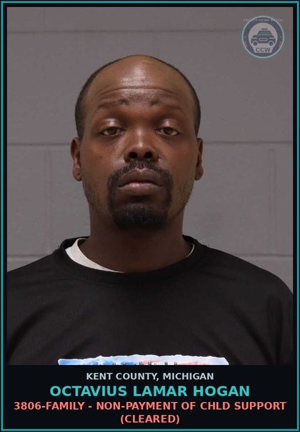 CCW arrest card for Octavius Lamar Hogan in Kent County: 3806-FAMILY - NON-PAYMENT OF chld SUPPORT (Cleared)