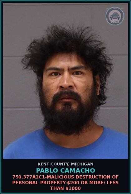 CCW arrest card for Pablo Camacho in Kent County: 750.377A1C1-MALICIOUS DESTRUCTION OF PERSONAL PROPERTY-$200 OR MORE/ LESS THAN $1000