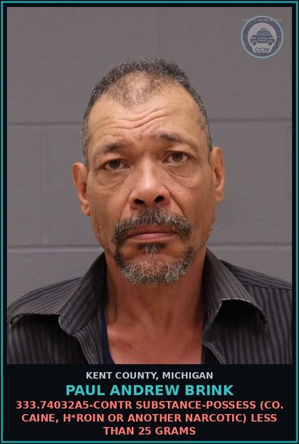 CCW arrest card for Paul Andrew Brink in Kent County: 333.74032A5-contr substance-POSSESS (COCAINE, HEROIN OR ANOTHER NARCOTIC) LESS THAN 25 GRAMS