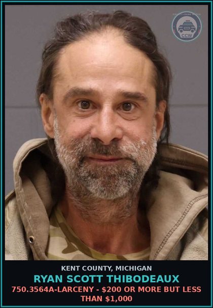 CCW arrest card for Ryan Scott Thibodeaux in Kent County: 750.3564A-LARCENY - $200 OR MORE BUT LESS THAN $1,000