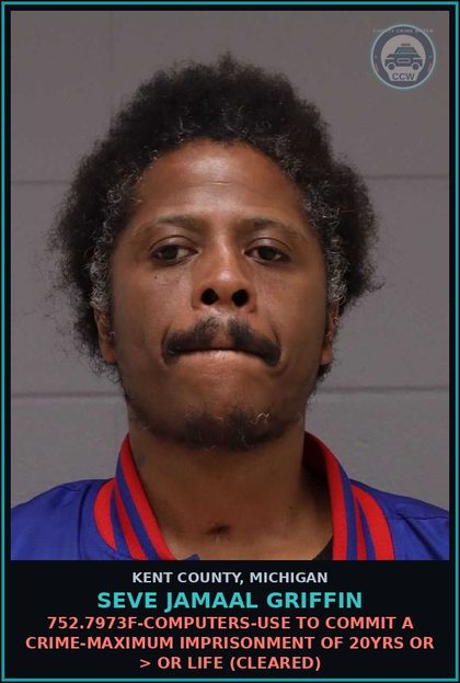 CCW arrest card for Seve Jamaal Griffin in Kent County: 752.7973F-COMPUTERS-USE TO COMMIT A CRIME-MAXIMUM IMPRISONMENT OF 20YRS OR > OR LIFE (Cleared)
