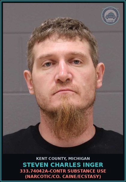 CCW arrest card for Steven Charles Inger in Kent County: 333.74042A-contr substance USE (NARCOTIC/COCAINE/ECSTASY)