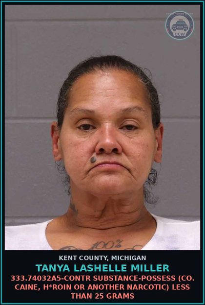 CCW arrest card for Tanya Lashelle Miller in Kent County: 333.74032A5-contr substance-POSSESS (COCAINE, HEROIN OR ANOTHER NARCOTIC) LESS THAN 25 GRAMS