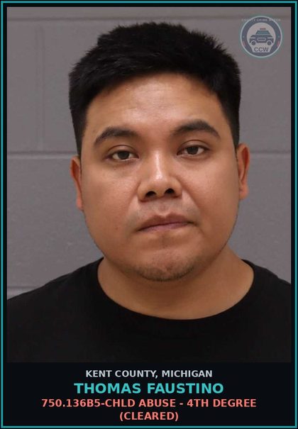 CCW arrest card for Thomas Faustino in Kent County: 750.136B5-chld ABUSE - 4TH DEGREE (Cleared)