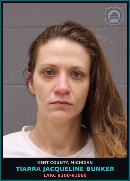 CCW arrest card for Tiarra Jacqueline Bunker in Kent County: LARC $200-$1000