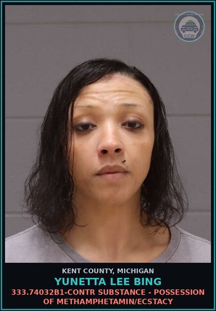 CCW arrest card for Yunetta Lee Bing in Kent County: 333.74032B1-contr substance - POSSESSION OF METHAMPHETAMIN/ECSTACY