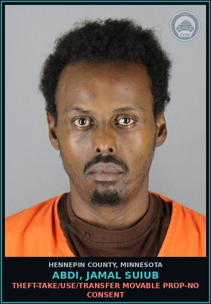 CCW arrest card for ABDI, JAMAL SUIUB in Hennepin County: THEFT-TAKE/USE/TRANSFER MOVABLE PROP-NO CONSENT
