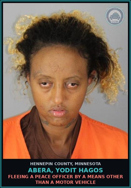 CCW arrest card for ABERA, YODIT HAGOS in Hennepin County: FLEEING A PEACE OFFICER BY A MEANS OTHER THAN A MOTOR VEHICLE