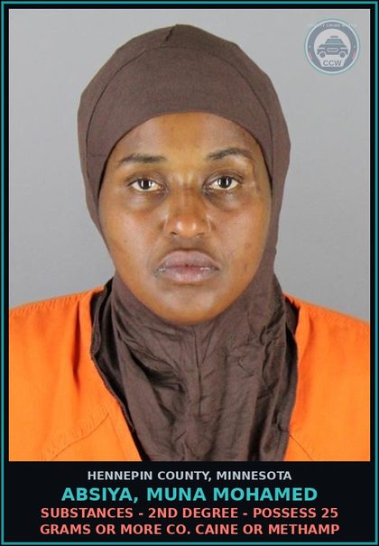 CCW arrest card for ABSIYA, MUNA MOHAMED in Hennepin County: DRUGS - 2ND DEGREE - POSSESS 25 GRAMS OR MORE COCAINE OR Methamp