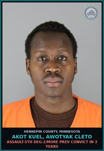 CCW arrest card for AKOT KUEL, AWOTYAK CLETO in Hennepin County: ASSAULT-5TH DEG-2/MORE PREV CONVICT IN 3 YEARS