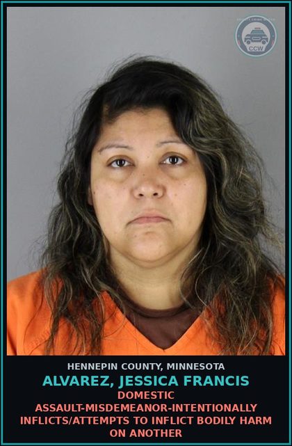 CCW arrest card for ALVAREZ, JESSICA FRANCIS in Hennepin County: DOMESTIC ASSAULT-MISDEMEANOR-INTENTIONALLY INFLICTS/ATTEMPTS TO INFLICT BODILY HARM ON ANOTHER