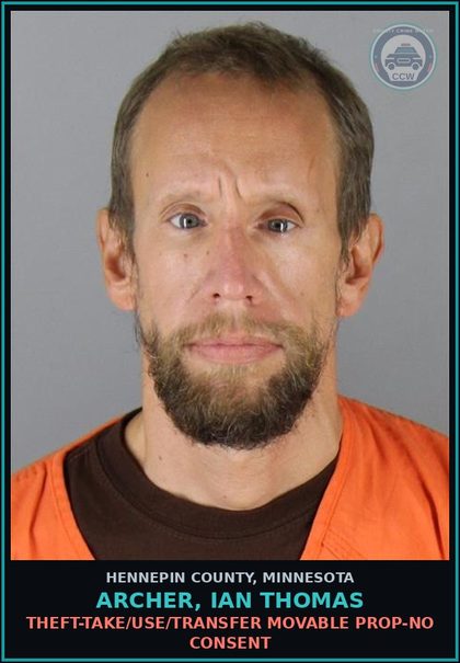 CCW arrest card for ARCHER, IAN THOMAS in Hennepin County: THEFT-TAKE/USE/TRANSFER MOVABLE PROP-NO CONSENT