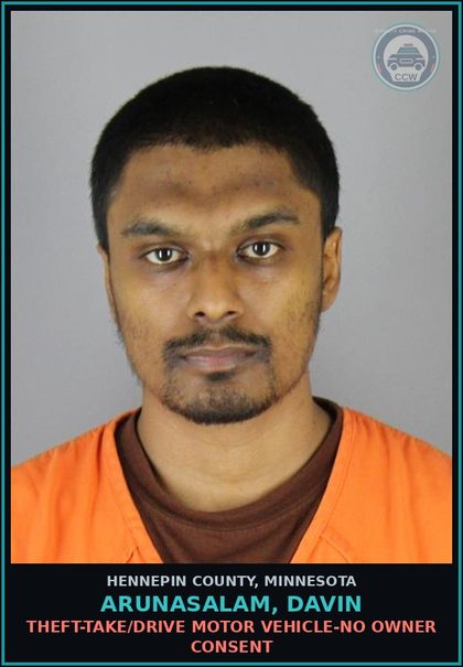 CCW arrest card for ARUNASALAM, DAVIN in Hennepin County: THEFT-TAKE/DRIVE MOTOR VEHICLE-NO OWNER CONSENT